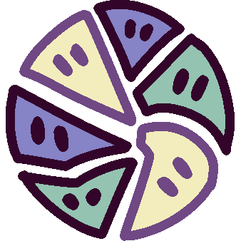 a circle cracked into pieces, each with a face, in the colors of the kenochoric plural flag (three shades of purple, light green and yellow)